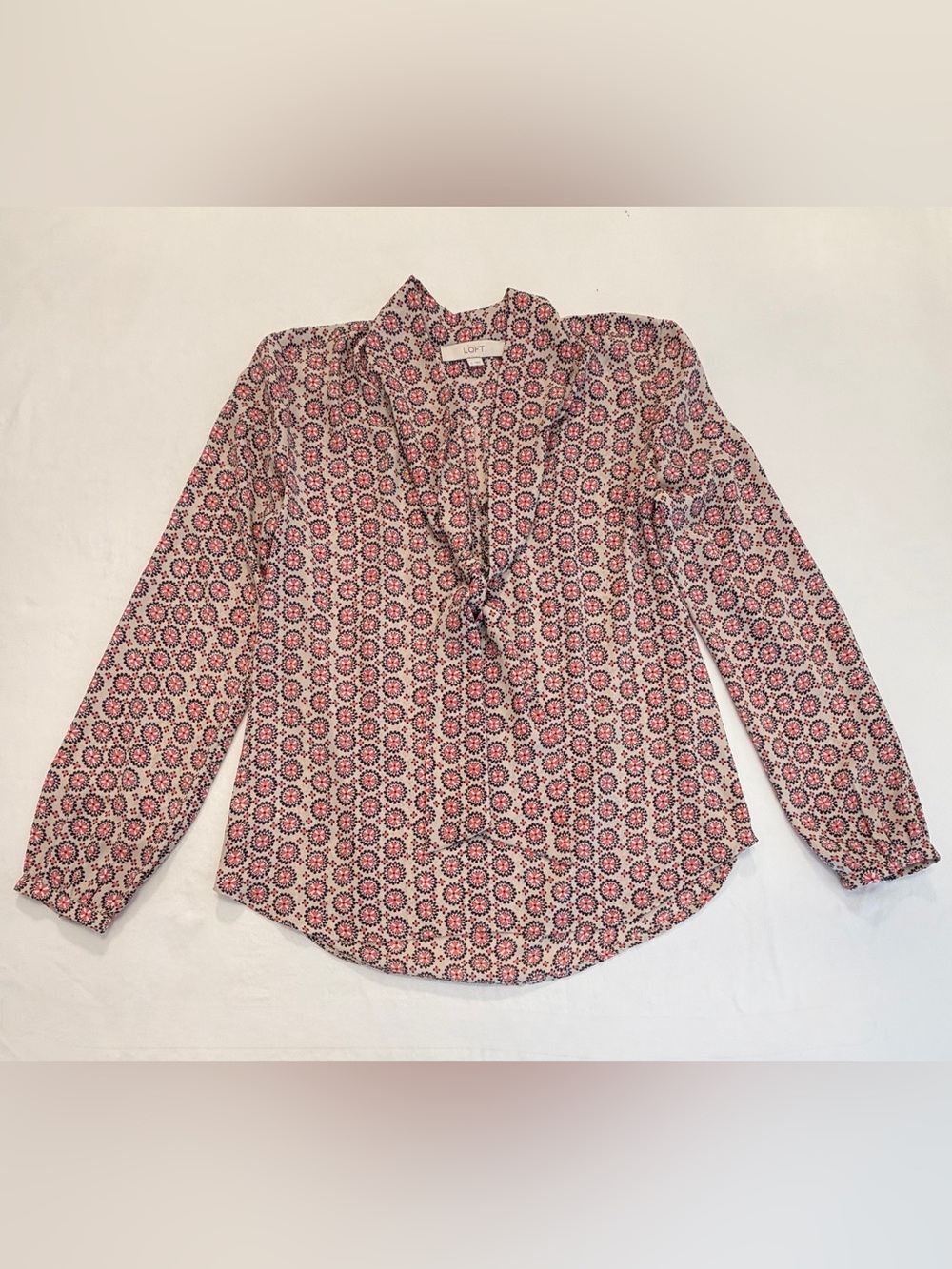 LOFT Pink and Black Medallion Tie-Neck Blouse Size Small